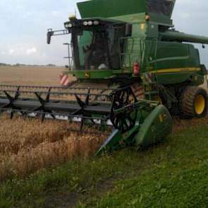 ‘We zijn weer los na enkele ‘rustdagen’, liet Paul Roelofs uit Nieuwolda gisteren weten. De tarwe had evenwel een vochtgehalte van 20,6 procent. 'De graanoogst in het Oldambt is behoorlijk vertraagd’, zegt Ludolf Fledderman. ‘Geen drogend weer vandaag, vo