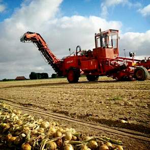 Michiel Buijsse is uien aan het opladen met zijn Amac ZM2 rooier. ‘Een oerdegelijke machine’, laat de akkerbouwer uit Biervliet weten. ‘Mooi werk.’