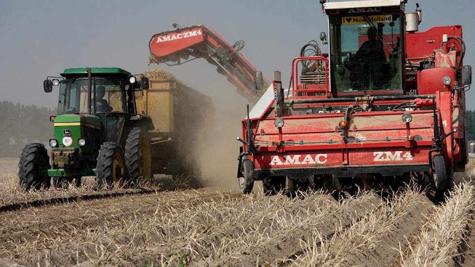 De aardappels worden gerooid door de loonwerker met een zelfrijdende Amac rooier. Het rooien gaat goed maar voor Van der Meer had het wat vochtiger gemogen. Dit perceel is voor het rooien nog beregend waardoor de grond nog iets vochtig is. Toch wordt er m