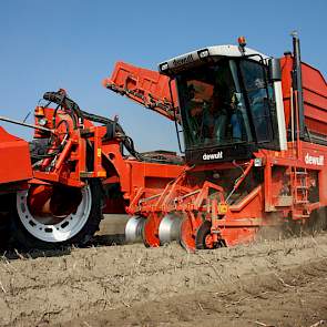 Het rooien gebeurt met een zelfrijdende bunkerrooier van DeWulf. Om voldoende grond op de ketting te houden rijdt deze met een snelheid van zo’n 5 tot 5,5 km per uur. “De rooier is een fantastische machine die me ook onder slechte omstandigheden al goed g