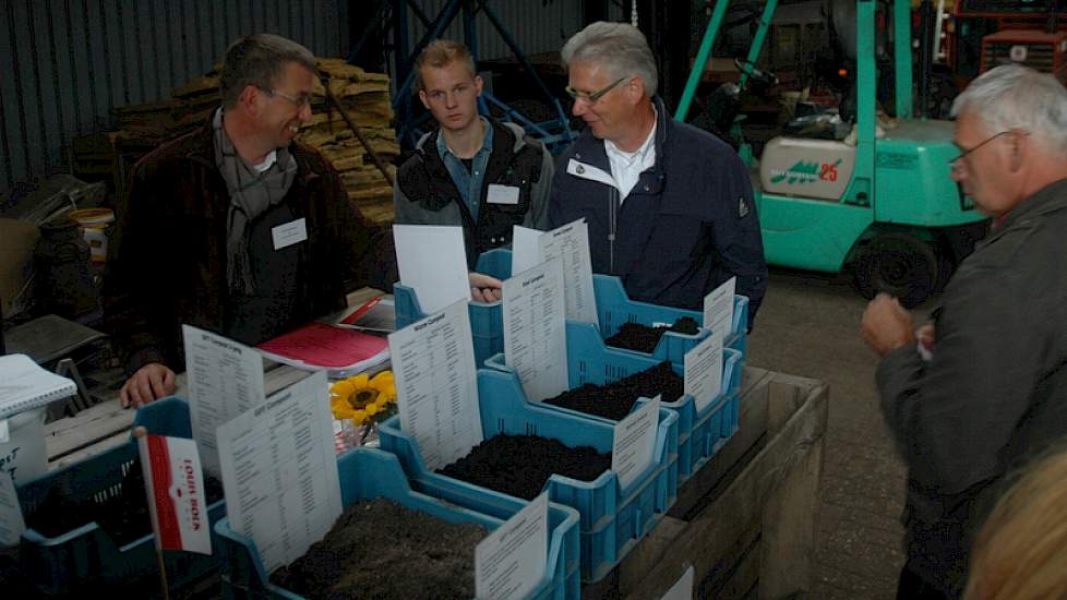 Chris Koopmans (bruine jas) van het Louis Bolk Instituut heeft samen met een groep telers uit Flevoland compost van verschillende herkomsten geanalyseerd. Compost uit de vergister scoort bijvoorbeeld goed als het gaat om organische stof en bodemchemie. GF