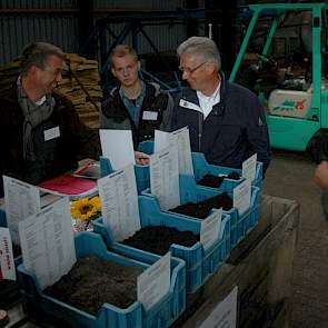 Chris Koopmans (bruine jas) van het Louis Bolk Instituut heeft samen met een groep telers uit Flevoland compost van verschillende herkomsten geanalyseerd. Compost uit de vergister scoort bijvoorbeeld goed als het gaat om organische stof en bodemchemie. GF