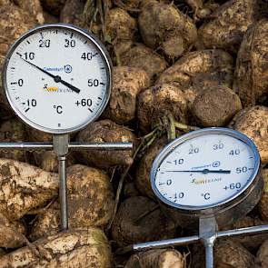 De temperatuur in de bietenhoop (links) is hoger dan de buitentemperatuur (rechts).