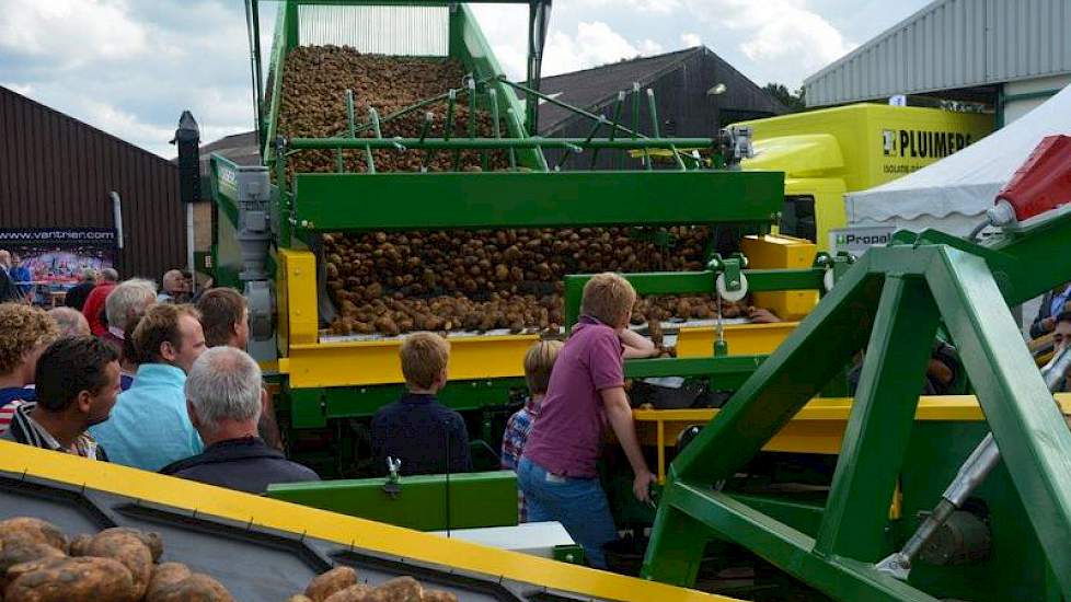 Achter op het erf worden de gerooide aardappelen via 5 loslijnen op vrachtwagens geladen.