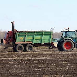 De loonwerker strooit de compost van het groenafvalbedrijf op een perceel waarvan de kweker op woensdag 11 maart nog niet met zekerheid kan zeggen welk gewas hij er zal telen.