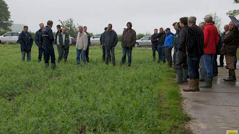 Het wat druilerige weer weerhield de CZAV-leden op Schouwen niet om naar de veldbijeenkomst in Dreischor te gaan. Bram de Visser (derde links, voor de groep), Aatjan Troost en Lein de Visser presenteerden in het veld en de schuur kennis rond mest en midde