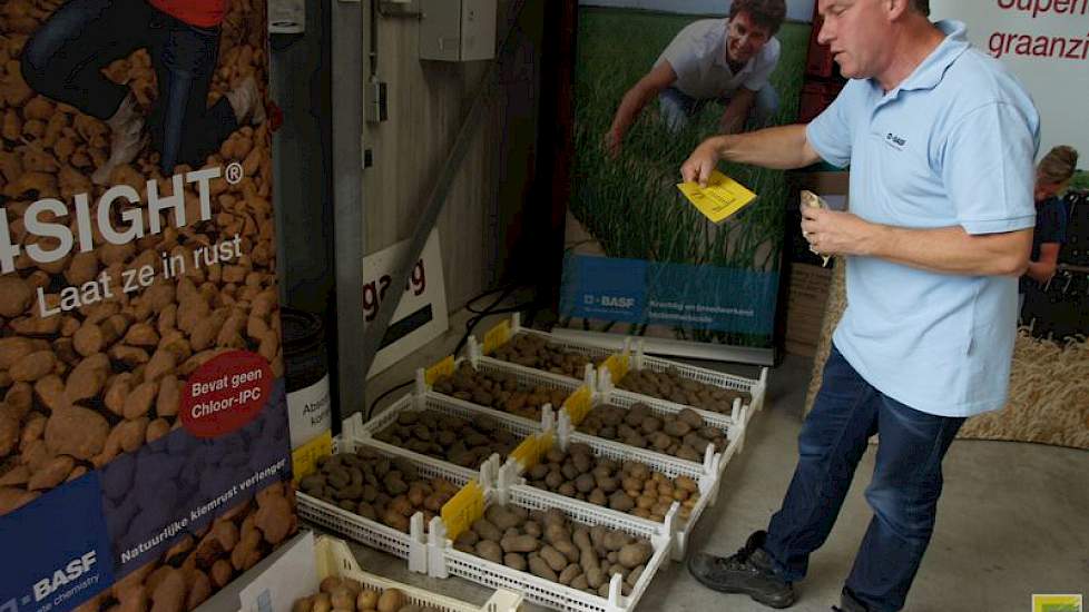 Guus Bergmans van BASF heeft aardappelen mee die bewaard zijn met het nieuwe middel 1,4Sight. Ook na 3 weken uit de bewaring te zijn tonen de aardappelen kiemvrij en stevig. Bergmans noemt als resultaat van onderzoek in de winter dat de werking in combina