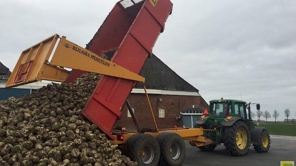 De laatste kipwagen suikerbieten van oogst 2016. Rond kerst gaan ze naar Hoogkerk om tot suiker te worden verwerkt, twittert Kor Berghuis.