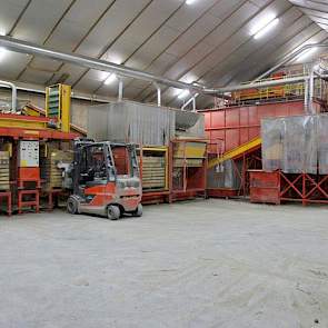 De sorteerinstallatie is van het merk Bijlsma Hercules. De machine is volledig voorzien van stofafzuiging van Jongejans: het stof wordt direct naar boven afgezogen. De kistenkantelaar is nog voorzien van plastic stroken, die ook weer voorkomen dat stof de