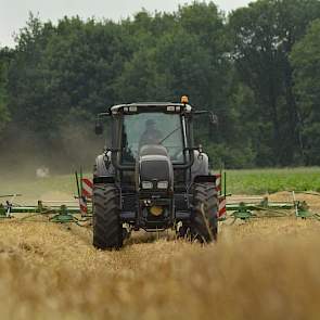 De strohandelaar trok het stro op de kopakkers wat los. Het stro heeft vervolgens een dag kunnen drogen op het land, waarna het is geperst. ‘Mooi voor de regen aan’, zegt Oortwijn.