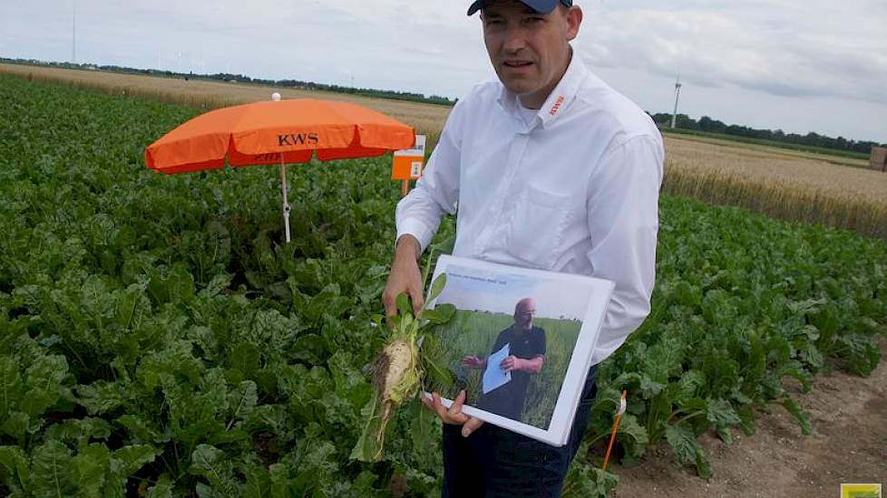 Marcel Arts van KWS laat bezoekers aan een demoveld zien hoe de vermeerdering in Italië gaat. Met twee mannelijke planten op elke zes vrouwelijke willen de zaadkwekers dat de schietende planten daar goed zaad maken. Ze zaaien bieten in augustus en planten