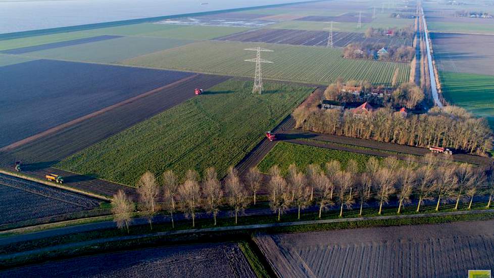 Akkerbouwer Hans Geluk uit Nagele stuurde een luchtfoto van het bieten rooien op 29 december in de Noordoostpolder. De dronefoto, met daarop de bietenrooiers in miniatuurformaat en het Ketelmeer op de achtergrond, is gemaakt door Sietze Bakker.