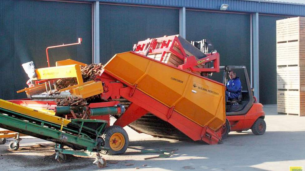 Op het moment van levering worden de benodigde palletboxen achter elkaar in de stortbak geleegd.