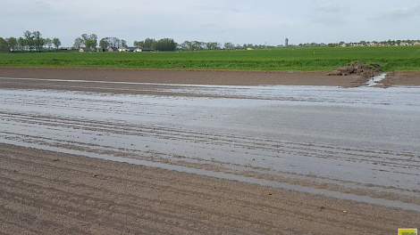 Novifarm in Numansdorp twitterde dinsdag: '1 mei en de kraan is al in het land geweest om geulen te graven vanwege overvloedige regenval!'