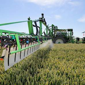 Voor de demo in het veld was de proefveldspuitmachine uitgerust met zes verschillende spuitdoppen van de producenten Airmix, Lechler, Agrotop en Albuz. Daarnaast was er ook een Wingsprayer gemonteerd.