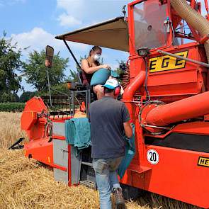 Bij de andere proefveldcombine is het bedrijfsleider Marc Kroonen die vanaf het stoppelveld het dorswerk aanstuurt. Op de combine zorgen collega's dat alles goed gaat met dorsen en de graanregistratie van de geoogste proefveldjes.