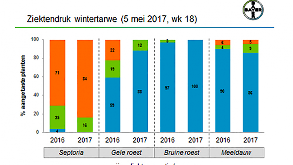 Afb.1. Bayer Ziektenmonitoring Wintertarwe. Gemiddelde ziektendruk in week 18, 2017 t.o.v. 2016.