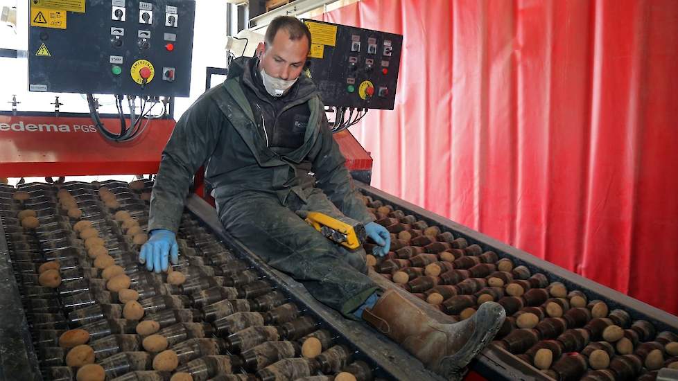 Mathijs Oomen zit zelf voor controle op de geleider waar de aardappelen in rijtjes richting het snijgedeelte gaan. Hij controleert op dubbele en waar een enkeling niet in de goede richting ligt corrigeert hij.