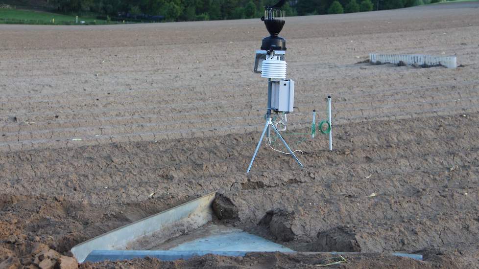 Een weerstation in combinatie met een bodemvochtmeting op 20 cm diepte, complementeert de vergelijkingsproef.