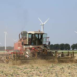 Basis voor de uienrooier is een zelfrijdende Agrifac-bietenrooier. „Daar hebben we de rooidelen en de bunker van afgehaald. Het frame, de motor en de cabine zijn overgebleven. Daar hebben we uienrooiers en -klappers omheen gebouwd”, zegt Jelle van der Pee