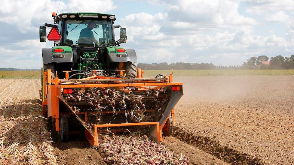 De uien worden geoogst met een loofklapper en een rooimachine van Keulmac op een bedbreedte van 2,25 meter.