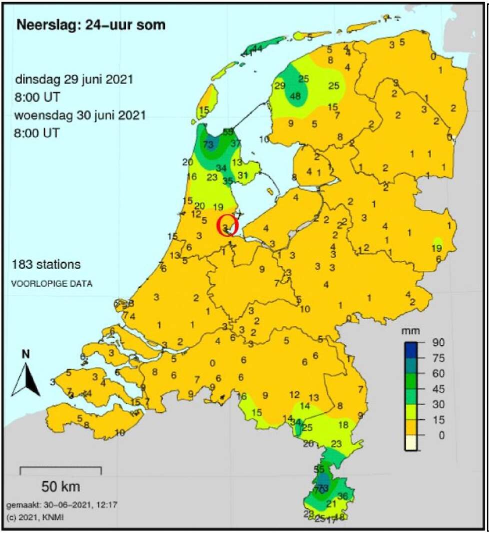 De neerslaghoeveelheden van 29 juni. Duidelijk is te zien welke gebieden extreem veel neerslag hebben gehad.