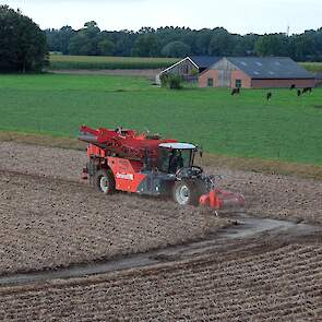 De aardappelen worden gerooid met een tweerijige Dewulf 3060. Hulfshoff heeft twee van deze rooiers rijden.