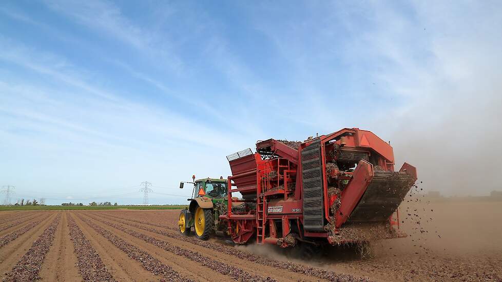 De uien worden geladen met een Grimme DR 1500.