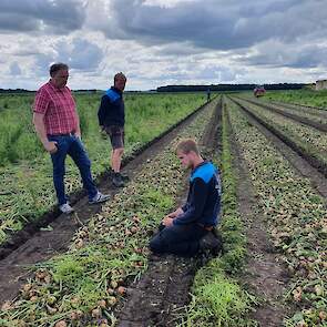 Ruud Booijink (zittend) bespreekt met zijn vader Gerard (midden) en Jan Harm Oosterhuis van WPA-Robertus (rood overhemd) de opbrengst.