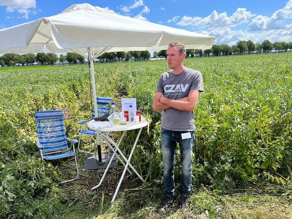 Tim van Summeren, teeltadviseur bij CZAV. Op de achtergrond de veldbonen van melkveehouder Pedro van de Ven.
