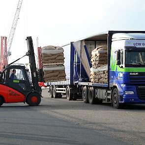Met vrachtwagens worden de zakken met pootaardappelen aangevoerd. Deze worden op het haventerrein vlak bij de boot gelost.