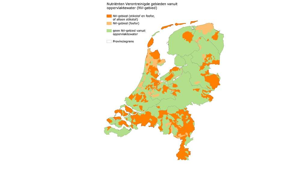 In de kaart staan twee soorten gebieden aangegeven. De helder oranje gebieden zijn de gebieden die zijn aangewezen vanuit een verontreiniging met stikstof en fosfor of zijn aangewezen vanuit een verontreiniging met alleen stikstof en waarbij ook de biolog