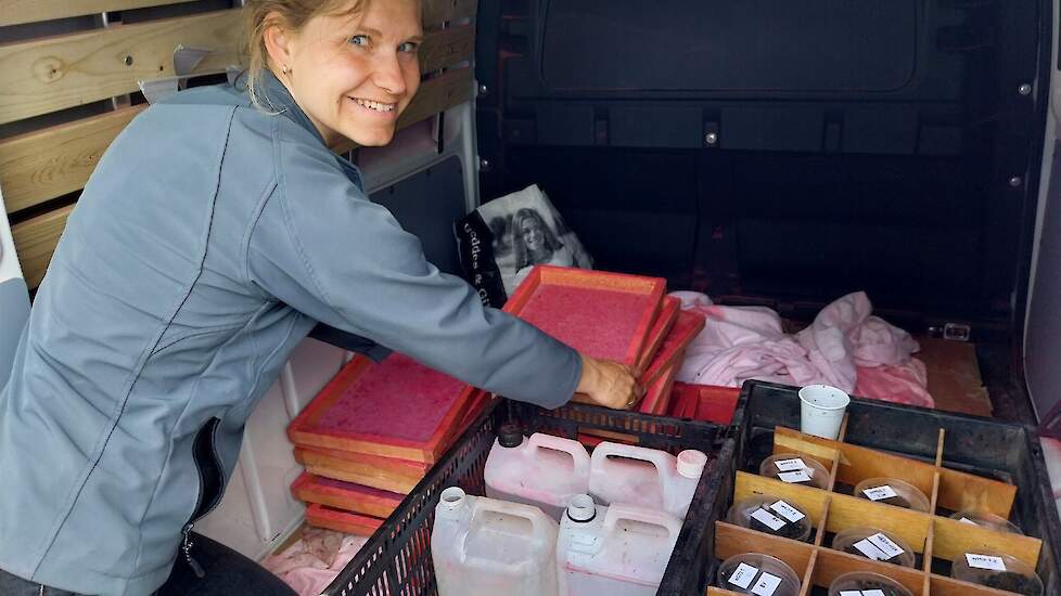 Linda duikt de bus in om de horren met steriele vliegen te pakken.