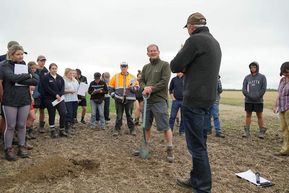 Boerderijbezoek van de Lincoln University-studenten met grond als één van de onderwerpen.