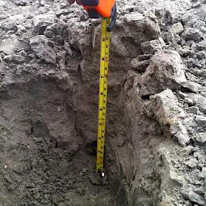Arjan Douma meet hoe diep de vorst al in de grond zit. Na goed hakken met een breekijzer ontdekt hij dat de vorst al minimaal 22 centimeter diep zit. Vader Renze Douma heeft een akkerbouwbedrijf in Bant met 17 hectare tafelaardappelen.