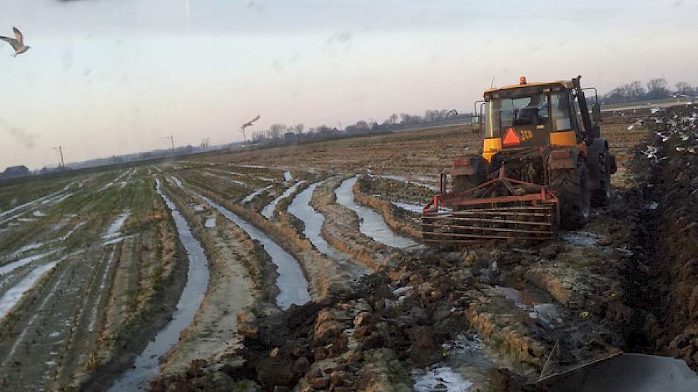 Pootgoedtelers Melle Kager en Marco Wisse hebben met de woel voor zich uit nog even een hoekje stukgereden koolland geploegd. Beide telen ze tussen de 15 en 20 hectare per jaar. De vorstlaag was al te dik om zo te ploegen. Om twee uur ’s nachts waren de a