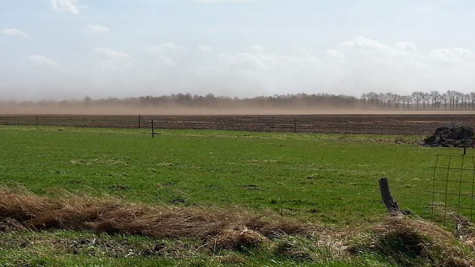 De bovenlaag van de grond waait kapot. Foto: Bram Teeuwsen
