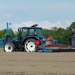 Witlof zaaien gebeurt met twee personen. Achterop de machine staat een tweede man, die zich enkel en alleen bezig houdt met de zaaimachine.