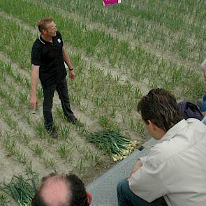 Tom Langenberg van De Groot en Slot geeft uitleg over een bemestingsproef in plantuien. In het ras Troy (medio oktober geplant) is stikstof aangebracht, trapsgewijs oplopend tot 160 kilo N per hectare.